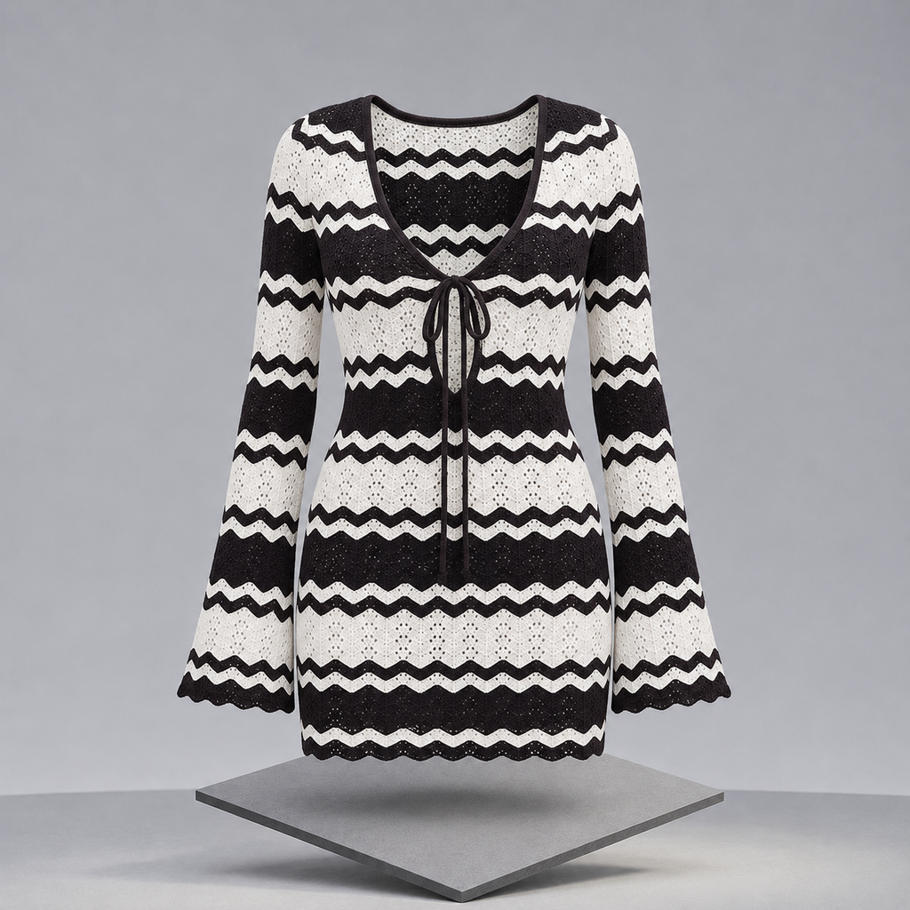 Wavy Striped Tied Front Long Sleeve Cover-Up Dress
