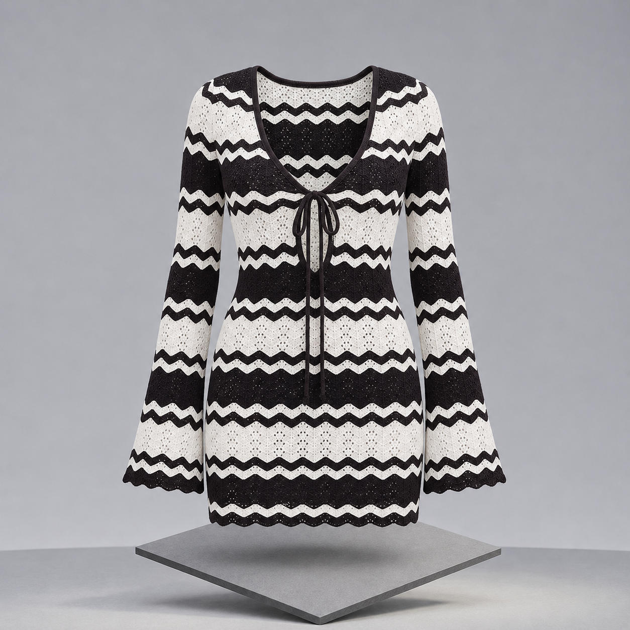 Wavy Striped Tie-Front Long-Sleeve Cover-Up Dress