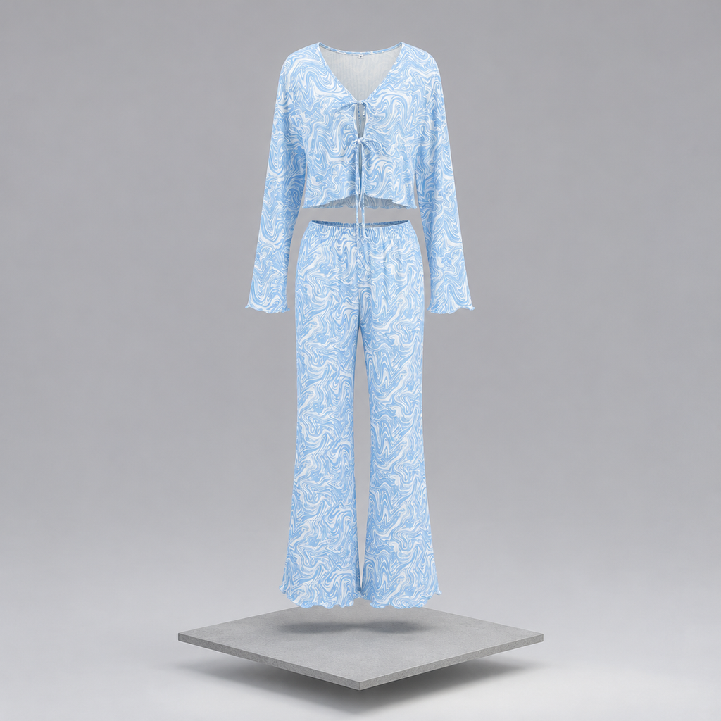 Tie-Front Long-Sleeve Top and Pants Lounge Set
