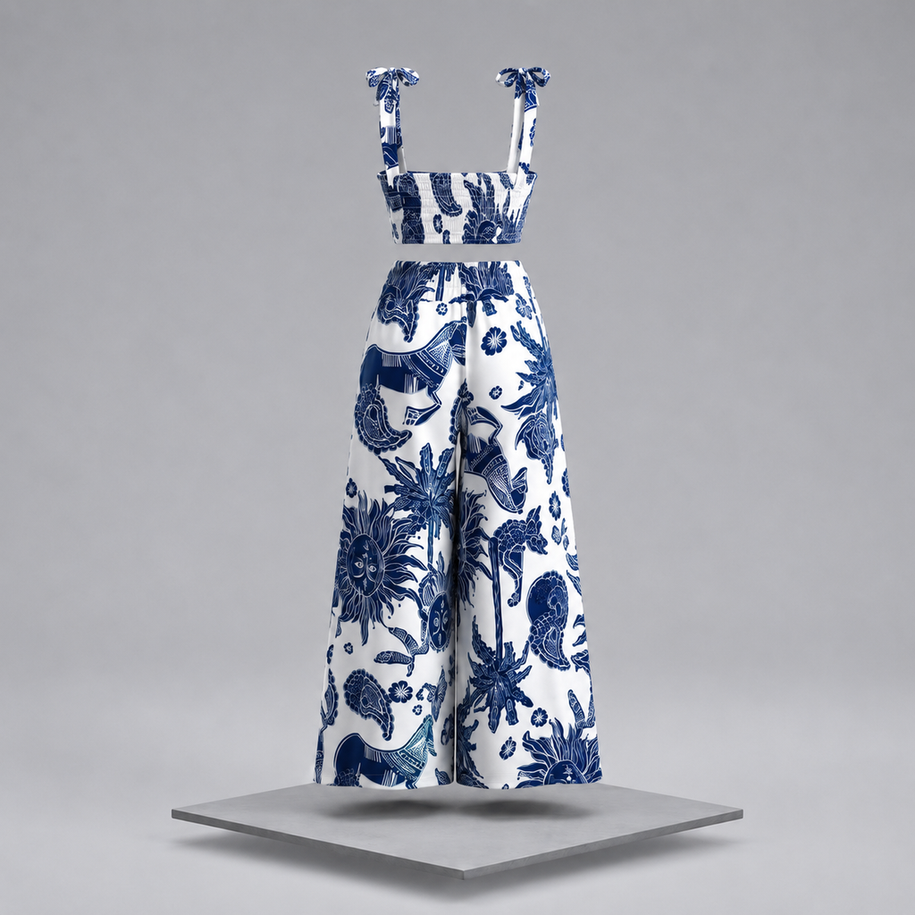 Floral Print Crop Top & Wide Leg Pants Set