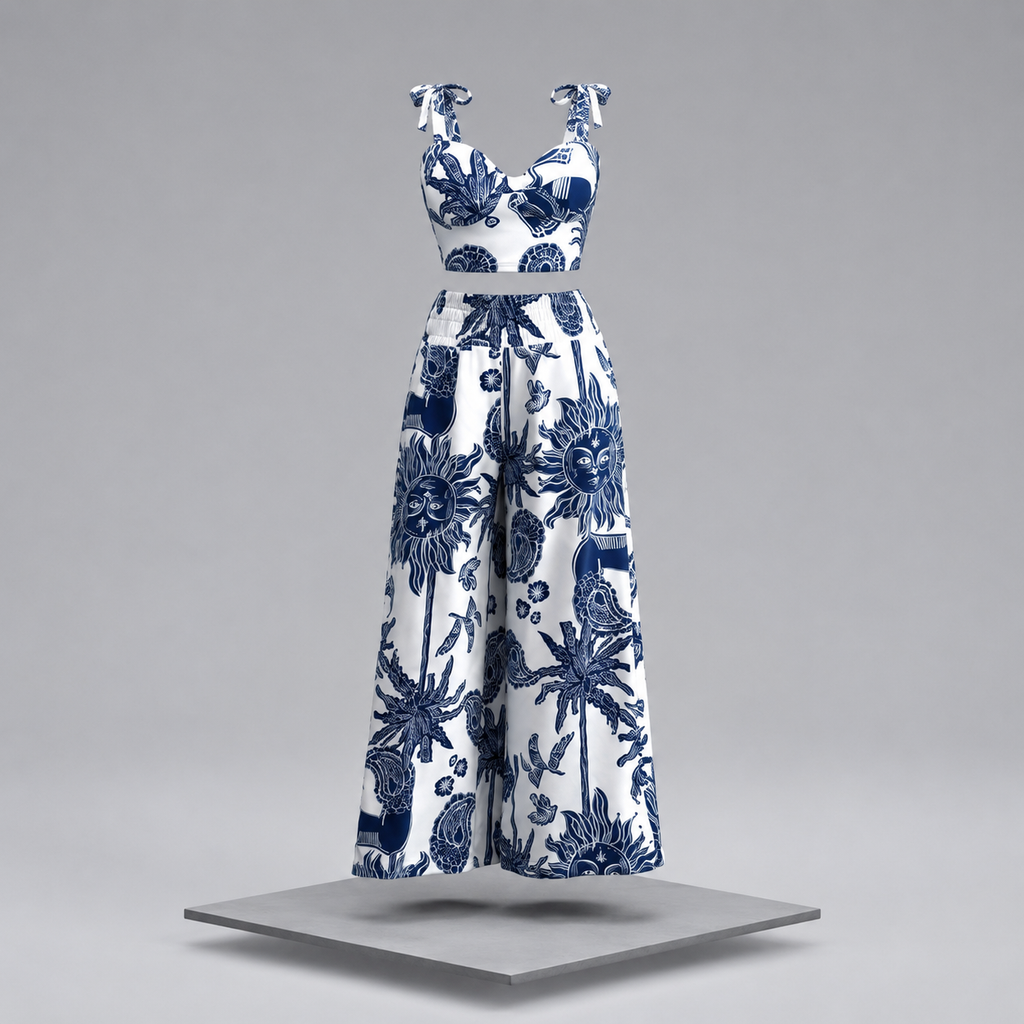 Floral Print Crop Top & Wide Leg Pants Set
