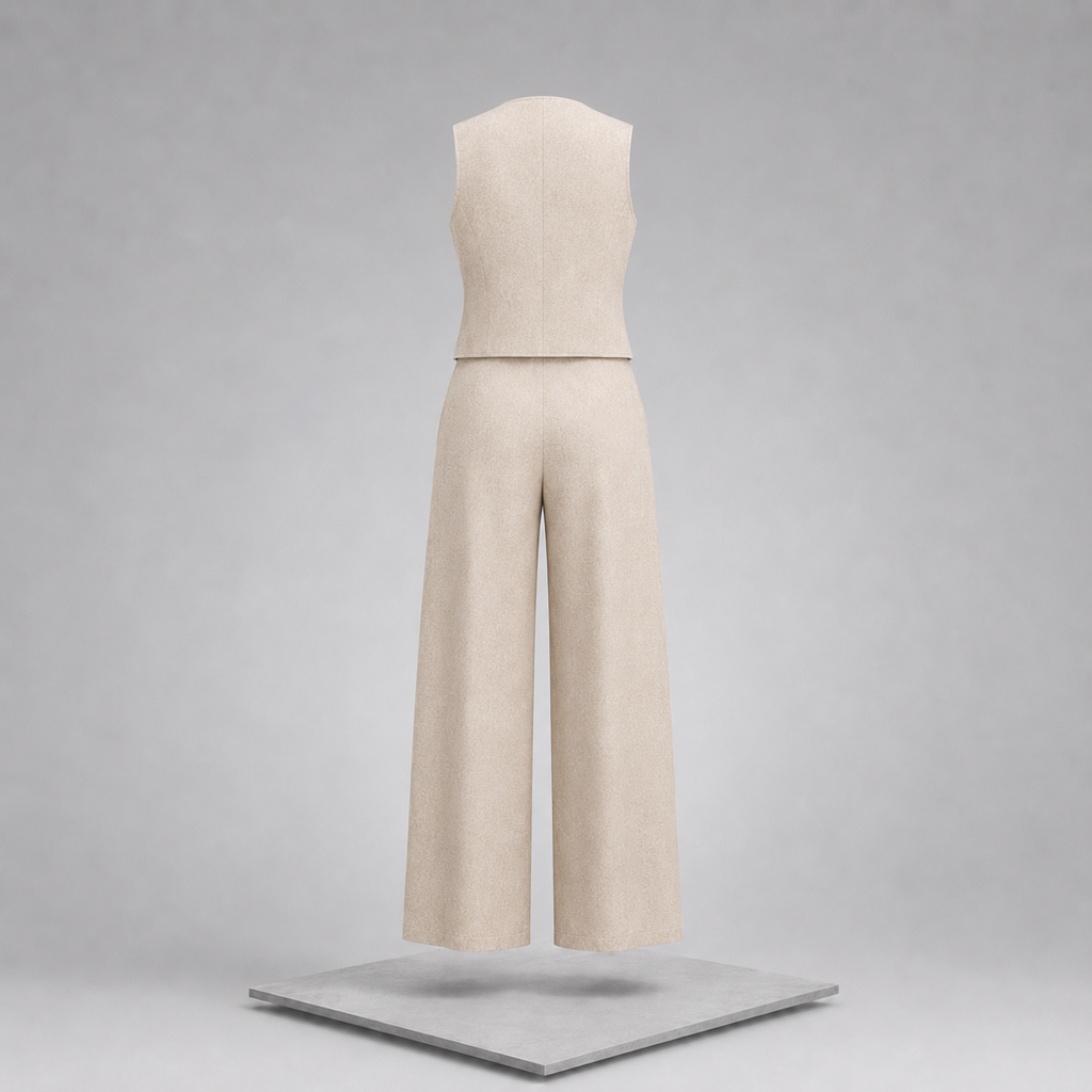 V-Neck Button Down Vest & Wide Leg Pants Set