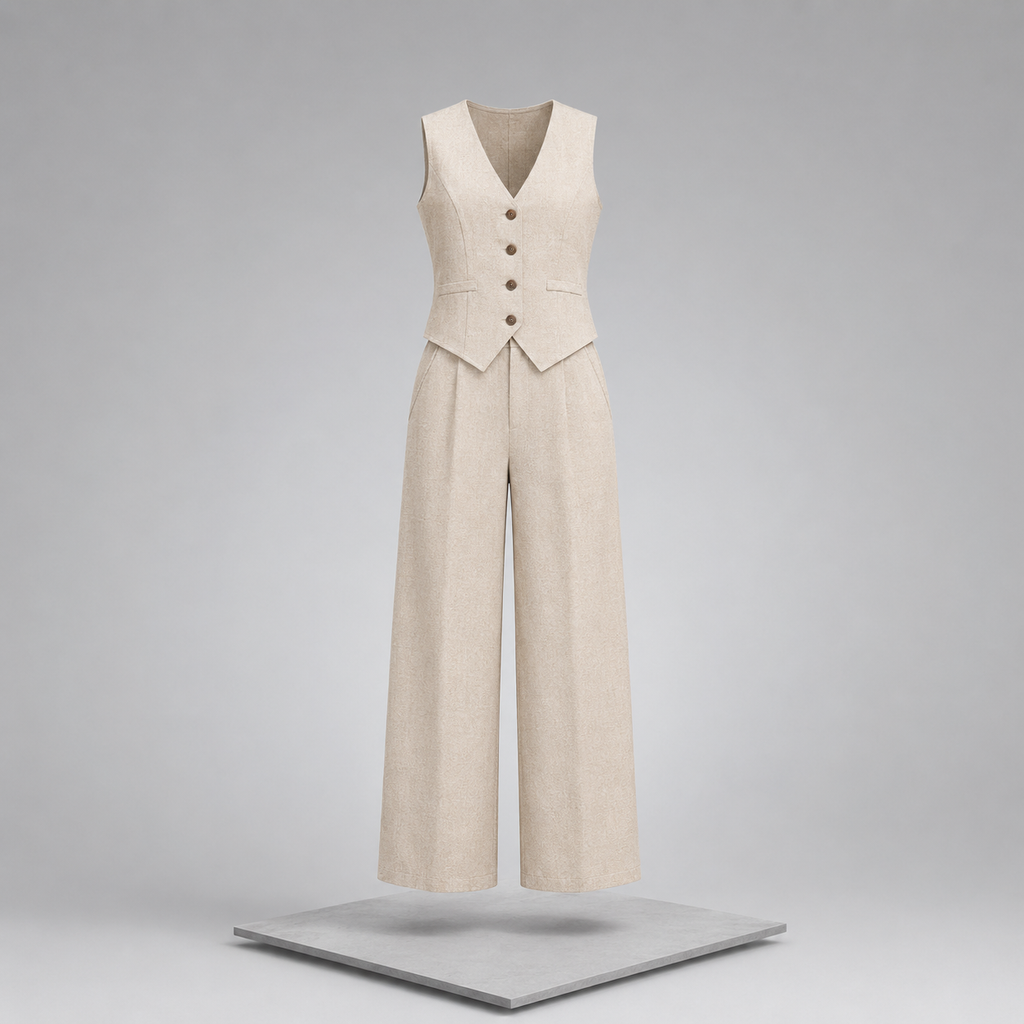 V-Neck Button Down Vest & Wide Leg Pants Set