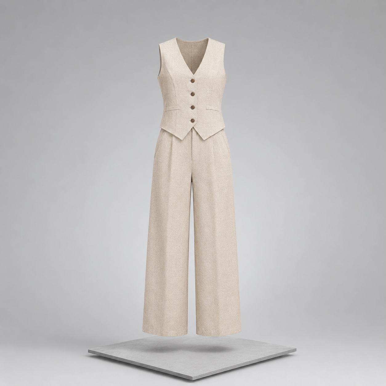 V-Neck Button-Down Vest & Wide-Leg Pants Set