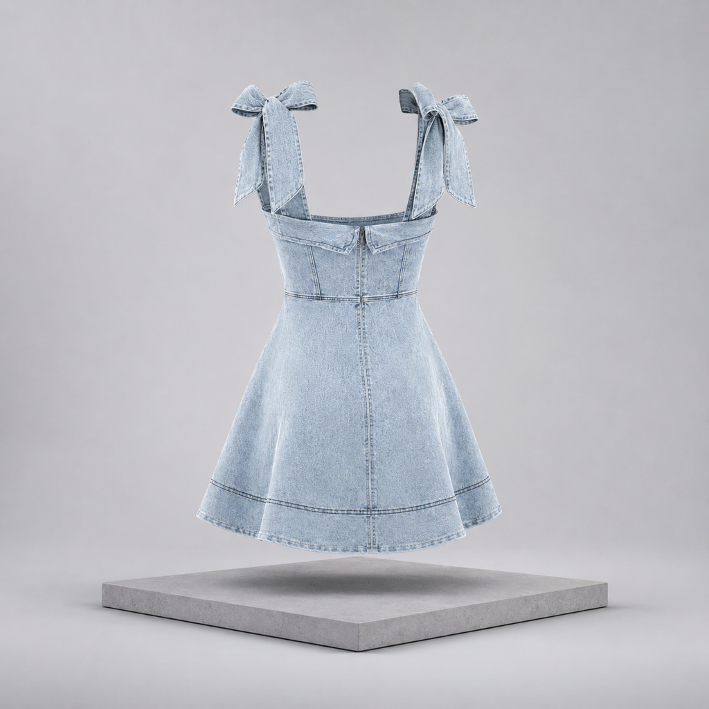 Bow-Shoulder Square Neck Denim Mini Dress