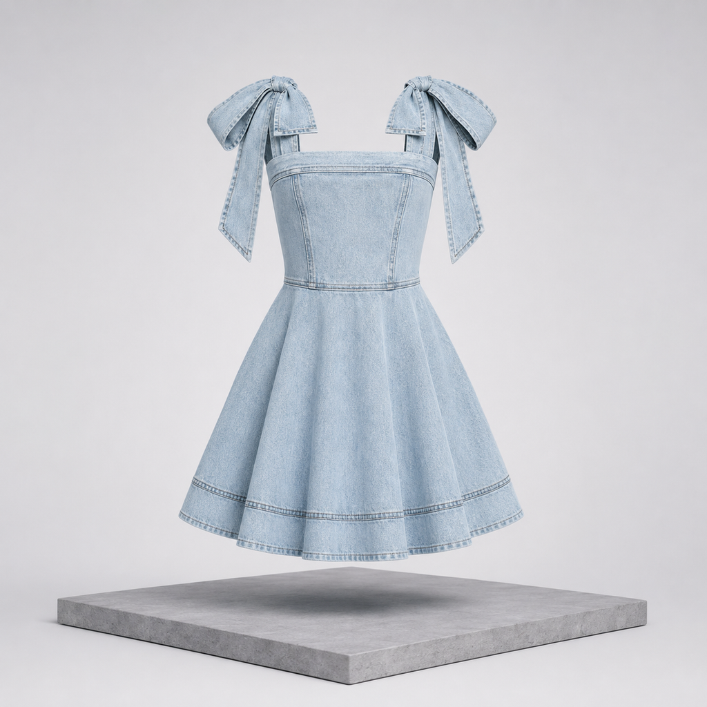 Bow-Shoulder Square Neck Denim Mini Dress