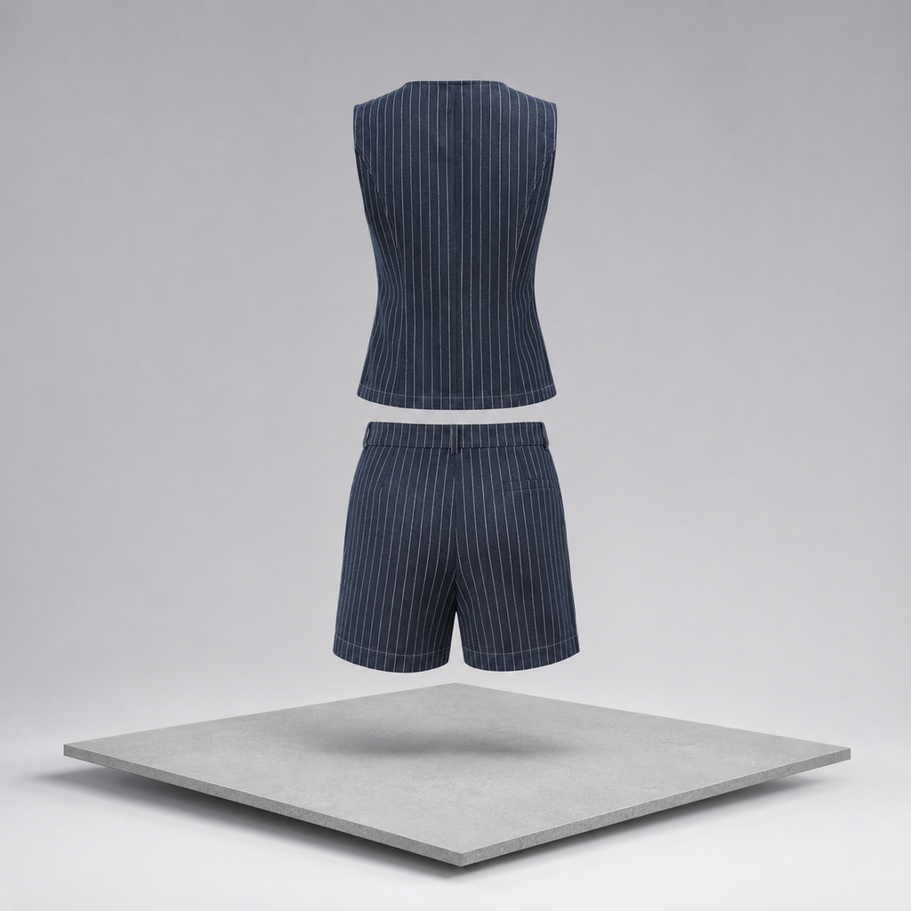 Round Neck Striped Top & Shorts Denim Set