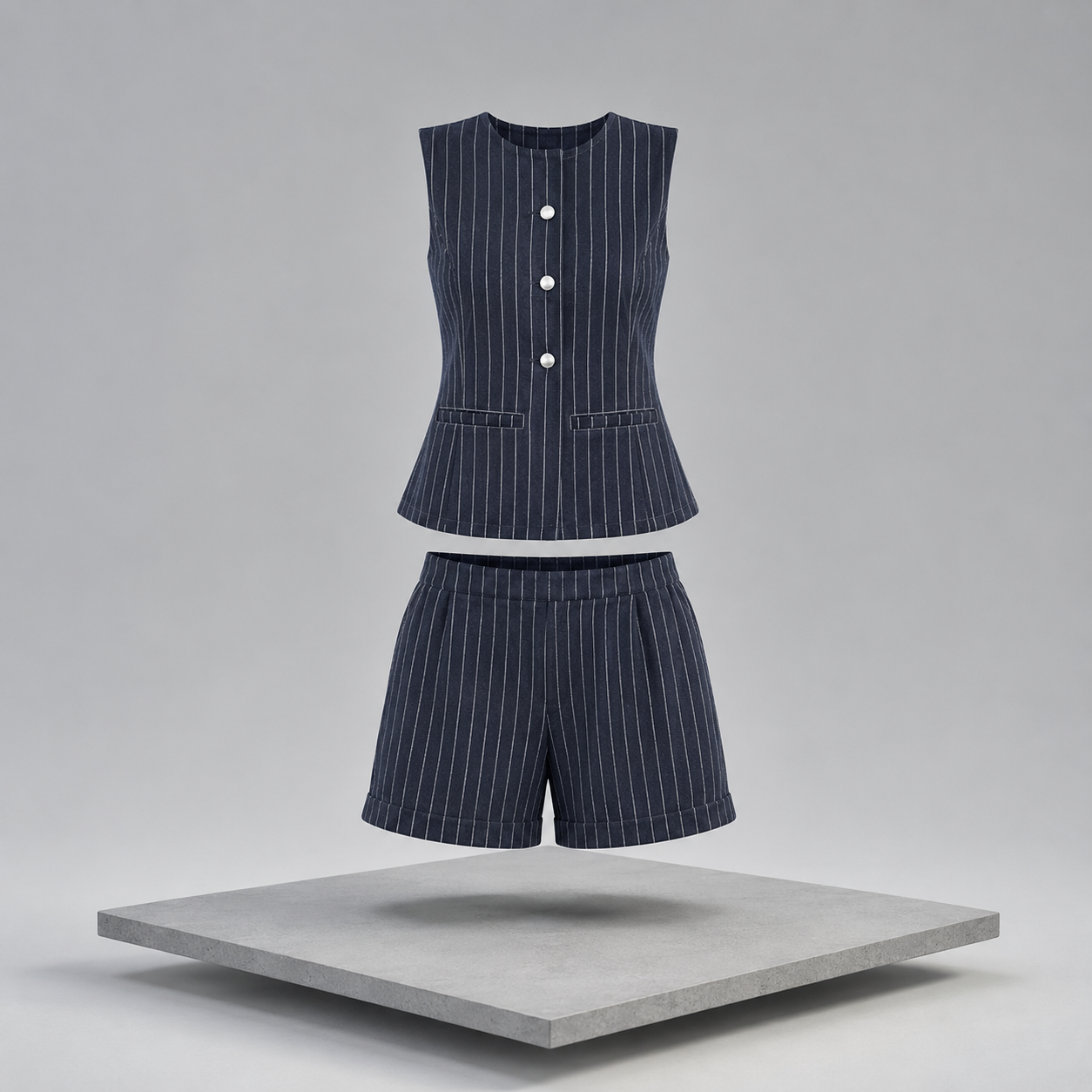 Round Neck Striped Top & Shorts Denim Set