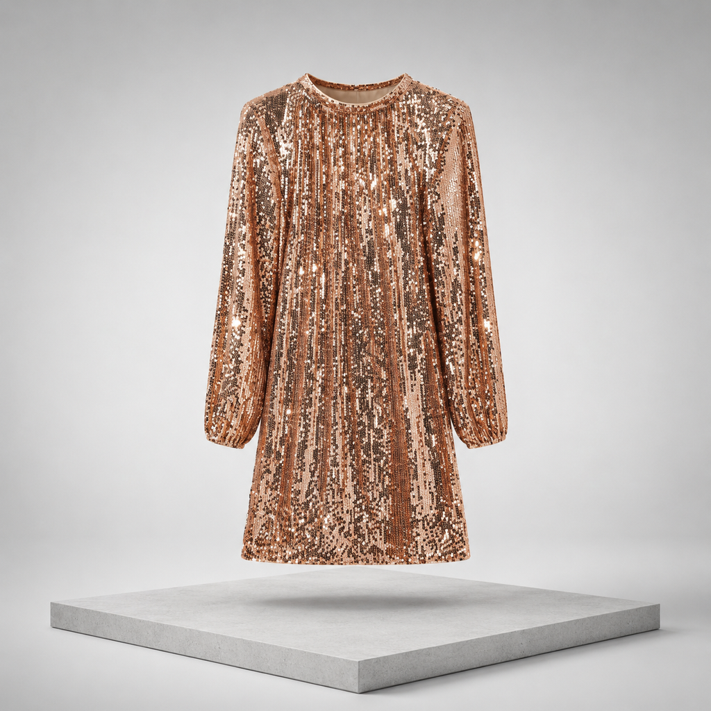 Backless Sequin Mock Neck Long Sleeve Mini Dress
