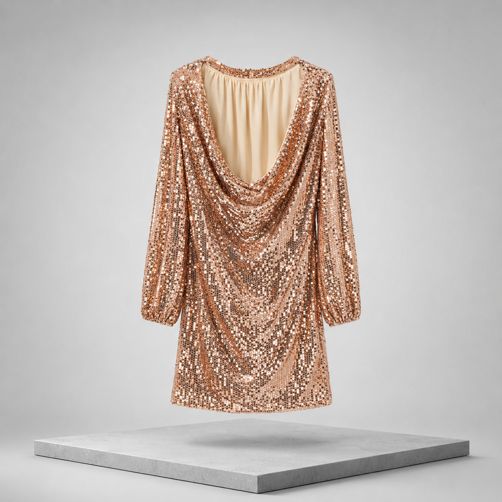 Backless Sequin Mock Neck Long Sleeve Mini Dress