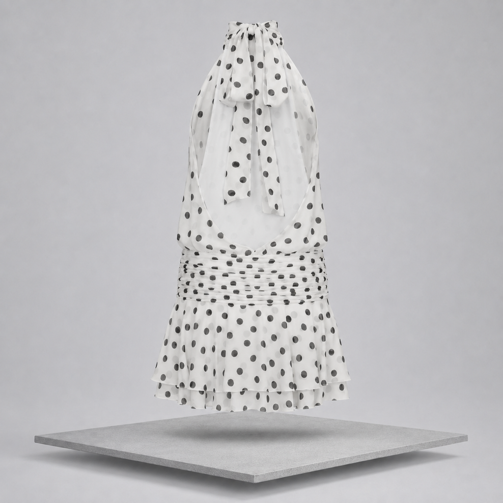 Polka Dot Halter Neck Ruffle Dress