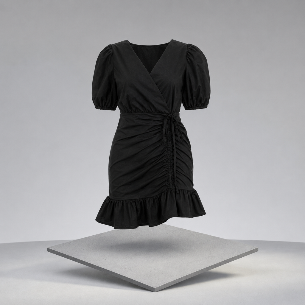 Ruffled Hem Ruched Puff Sleeve Mini Dress