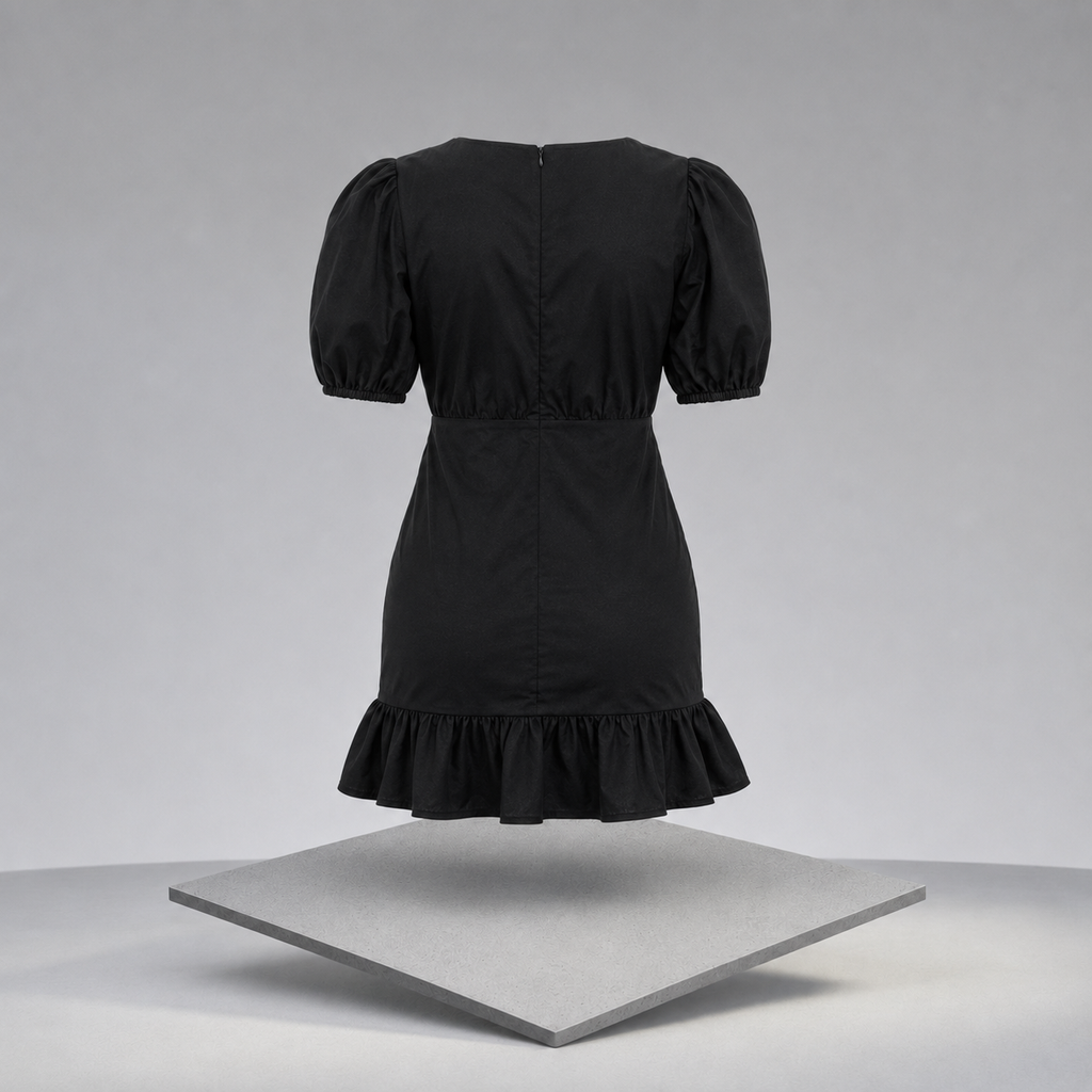 Ruffled Hem Ruched Puff Sleeve Mini Dress