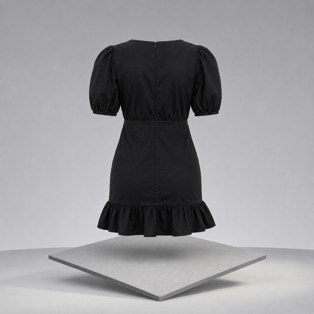 Ruffled Hem Ruched Puff Sleeve Mini Dress