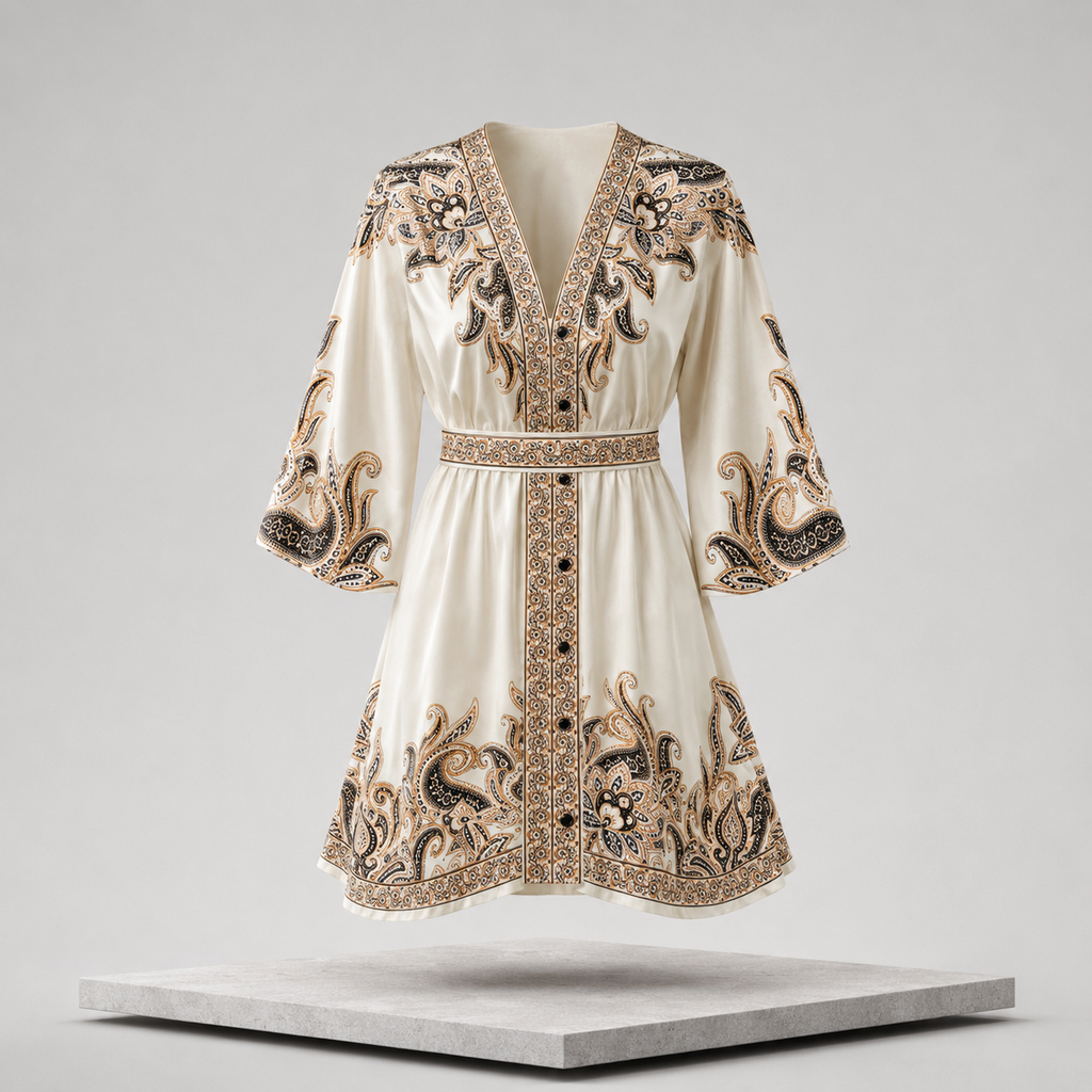Paisley Print V-Neck Belted Mini Dress