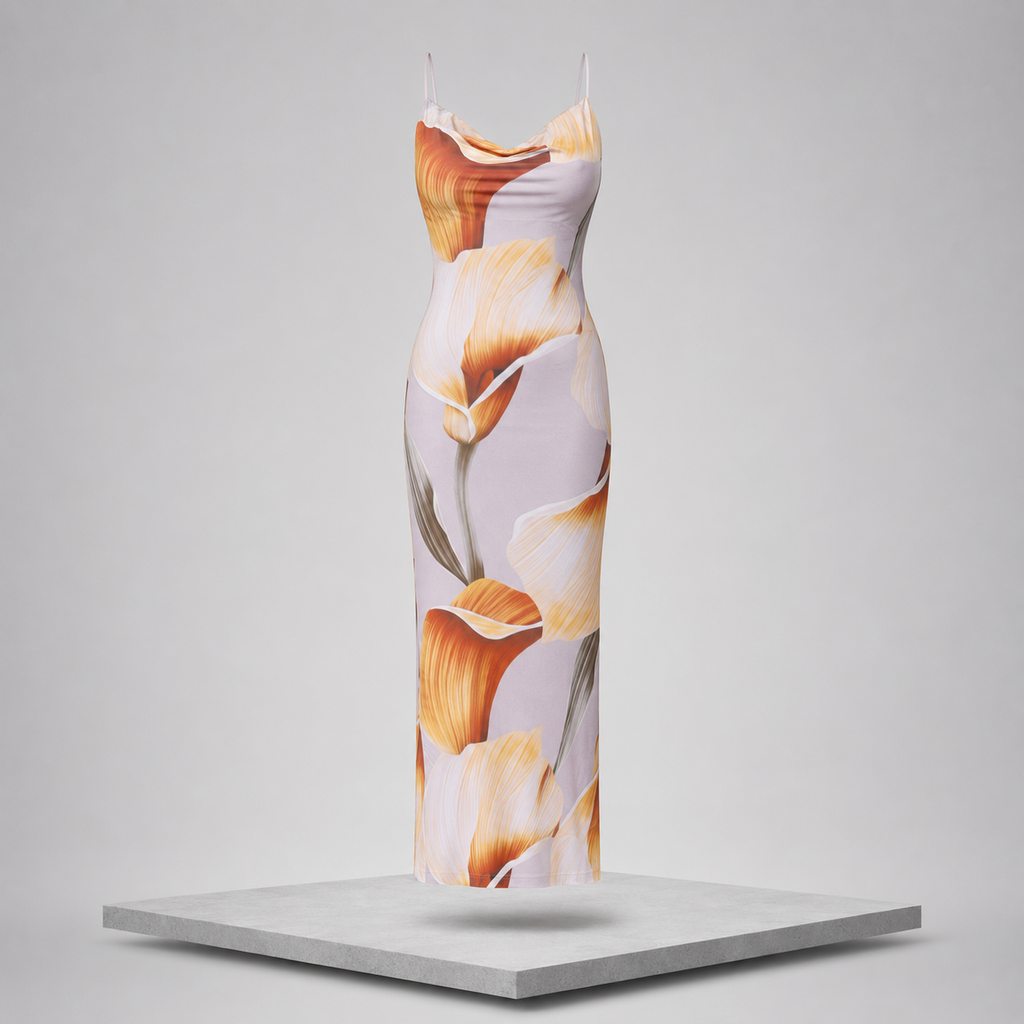 Floral Print Cowl Neck Backless Maxi Dress