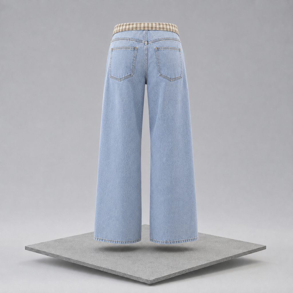 Plaid Trim Wide Leg Jeans