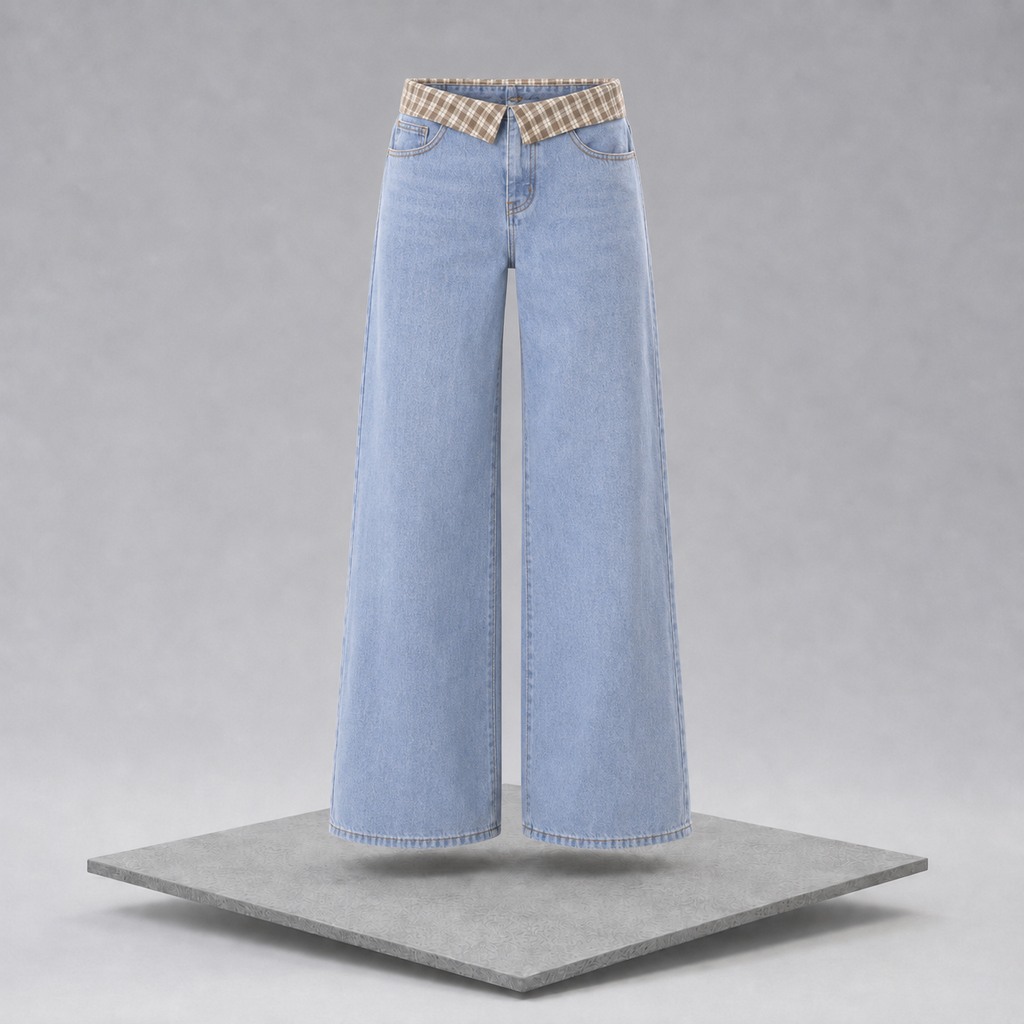 Plaid Trim Wide Leg Jeans