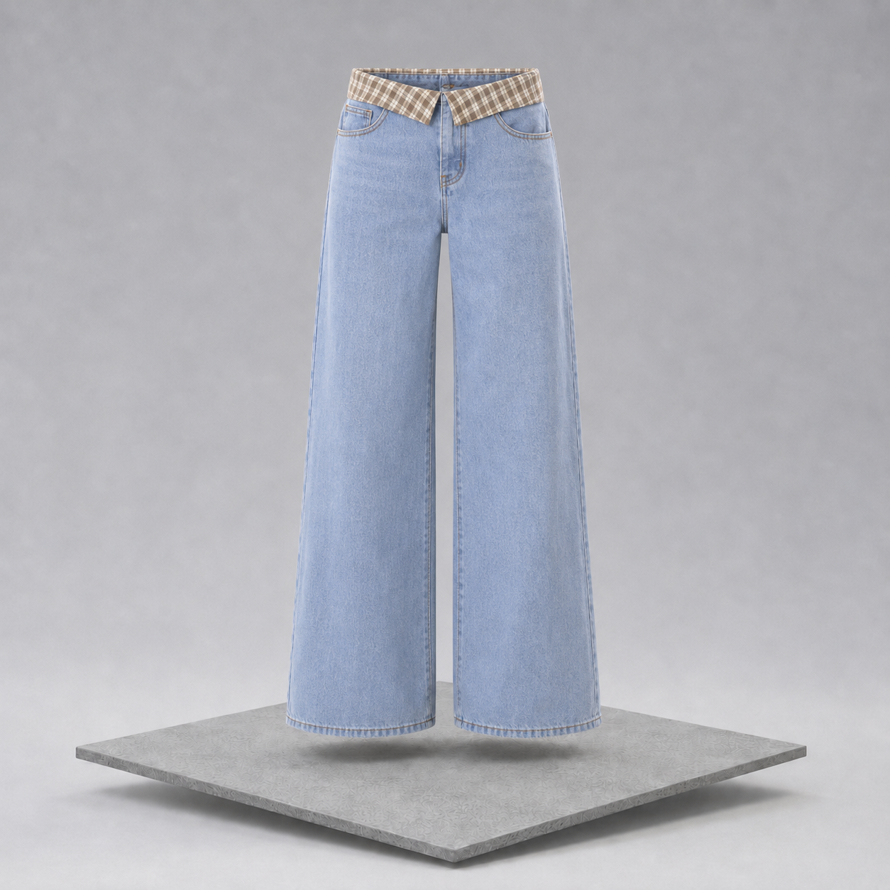 Plaid Trim Wide Leg Jeans
