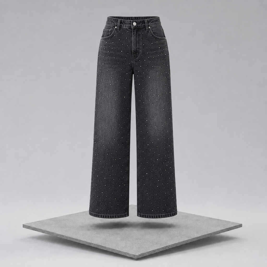 Rhinestone Embellished Wide Leg Jeans
