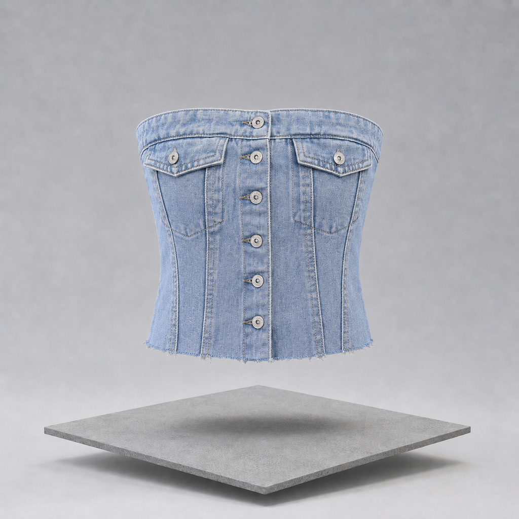 Button-Front Strapless Denim Top