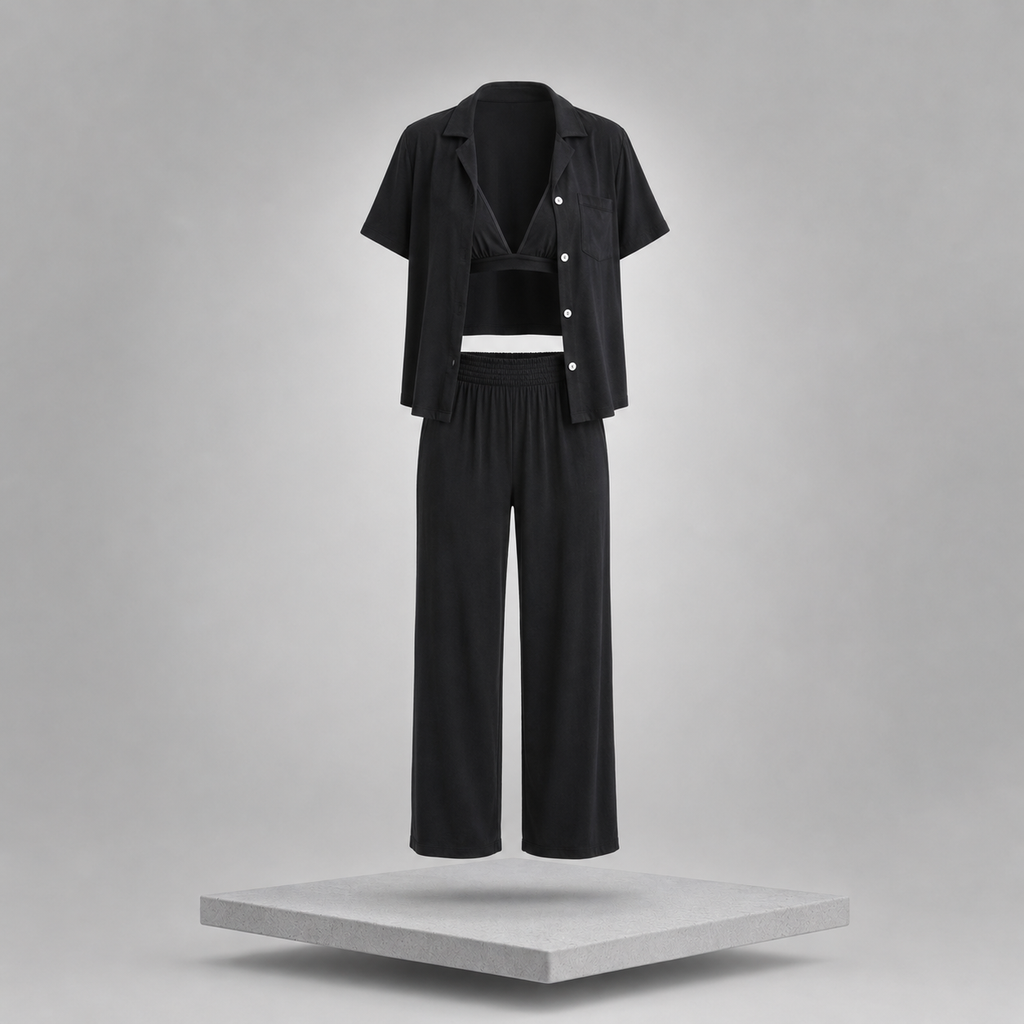 Short Sleeve Shirt, Bralette & Pants Lounge Set