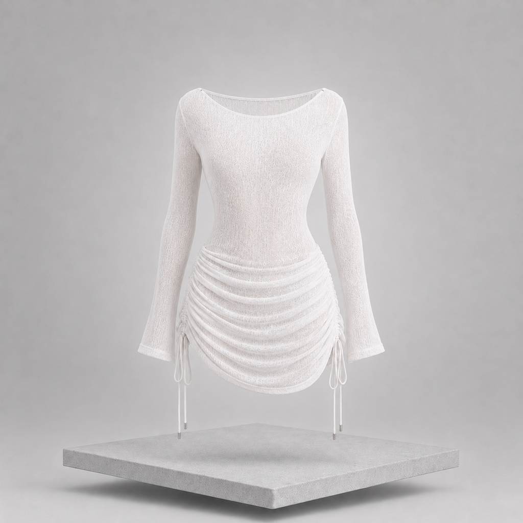 One-Shoulder Bell Sleeve Ruched Mini Cover-Up Dress