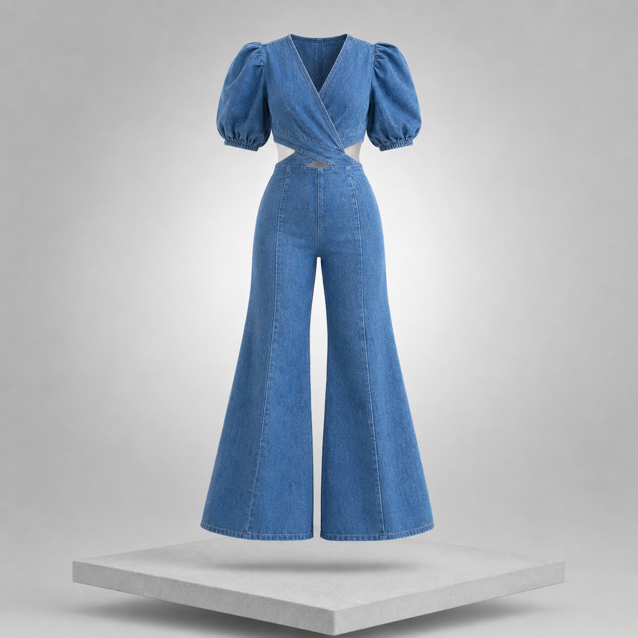 Cutout Puff Sleeve Denim Jumpsuit