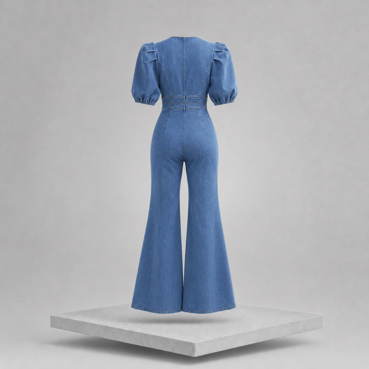 Cutout Puff Sleeve Denim Jumpsuit