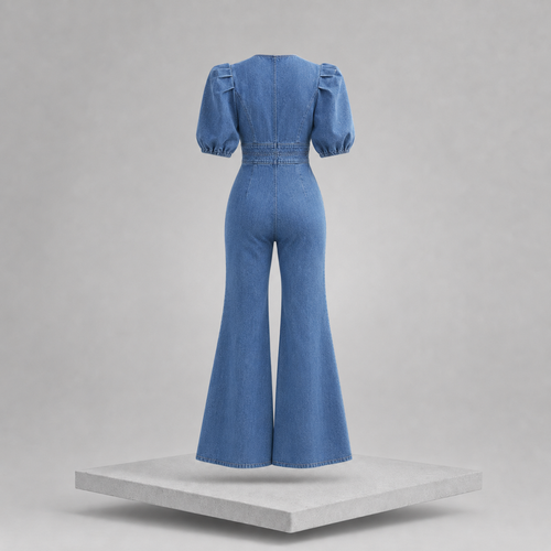 Cutout Puff Sleeve Denim Jumpsuit