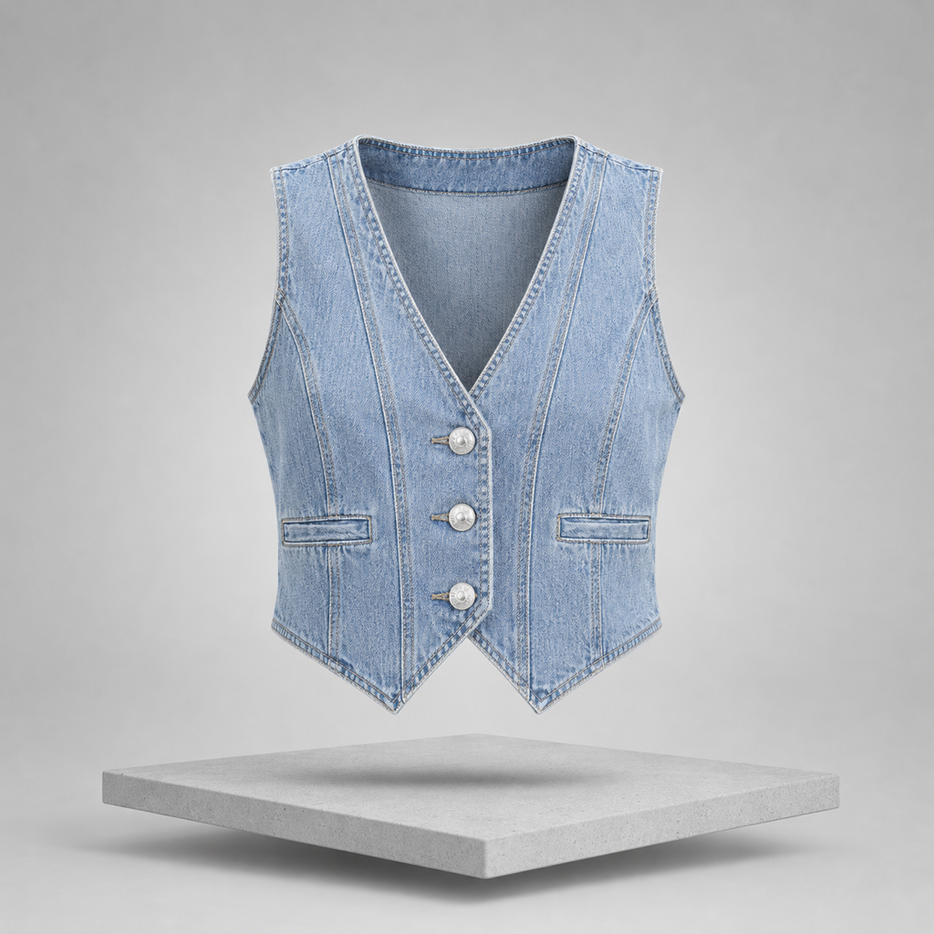 V-Neck Button Up Denim Vest