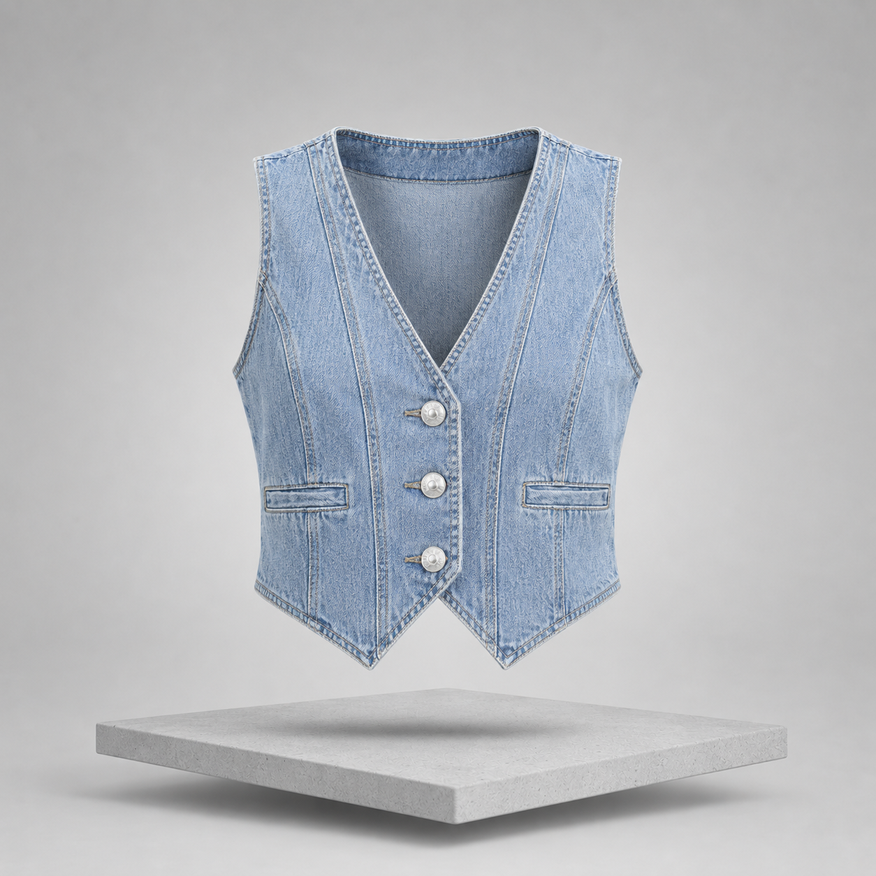 V-Neck Button-Up Denim Vest
